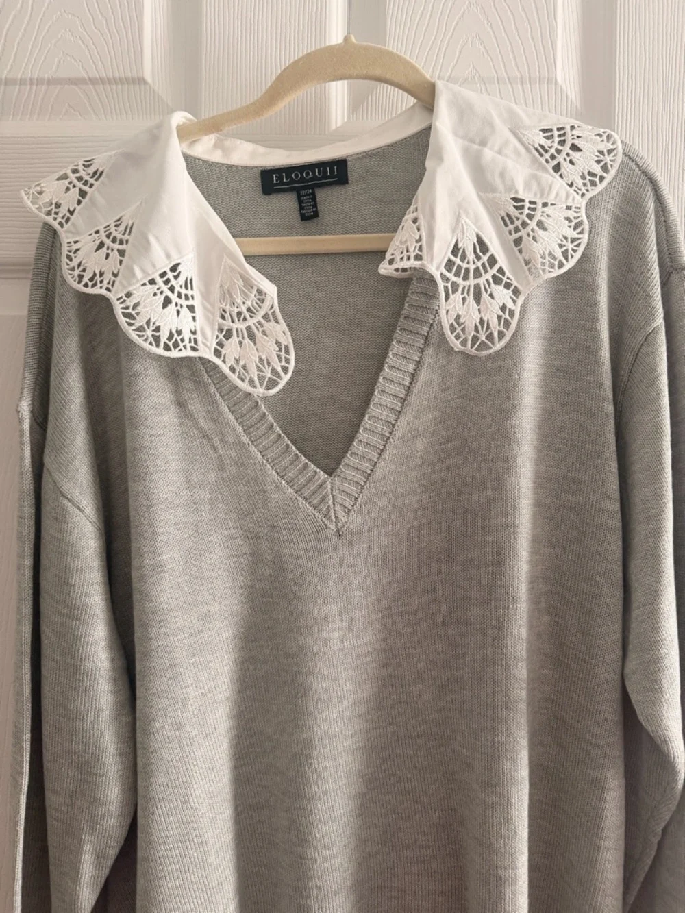 Eloquii Light Gray Knit Sweater with White Lace Accent - Picture 1 of 3